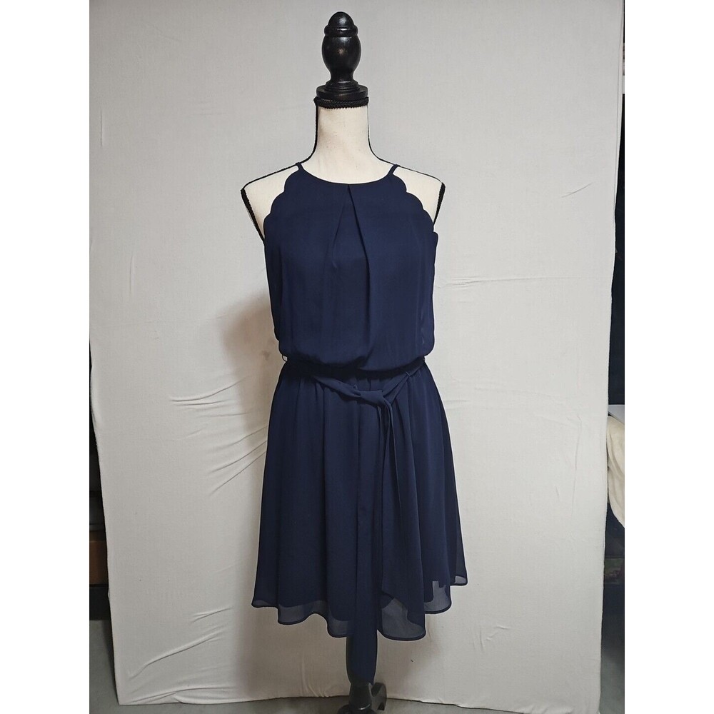 BCX Junior's Scalloped Sleeveless Dress With Sash Belt Navy Size Small Classic